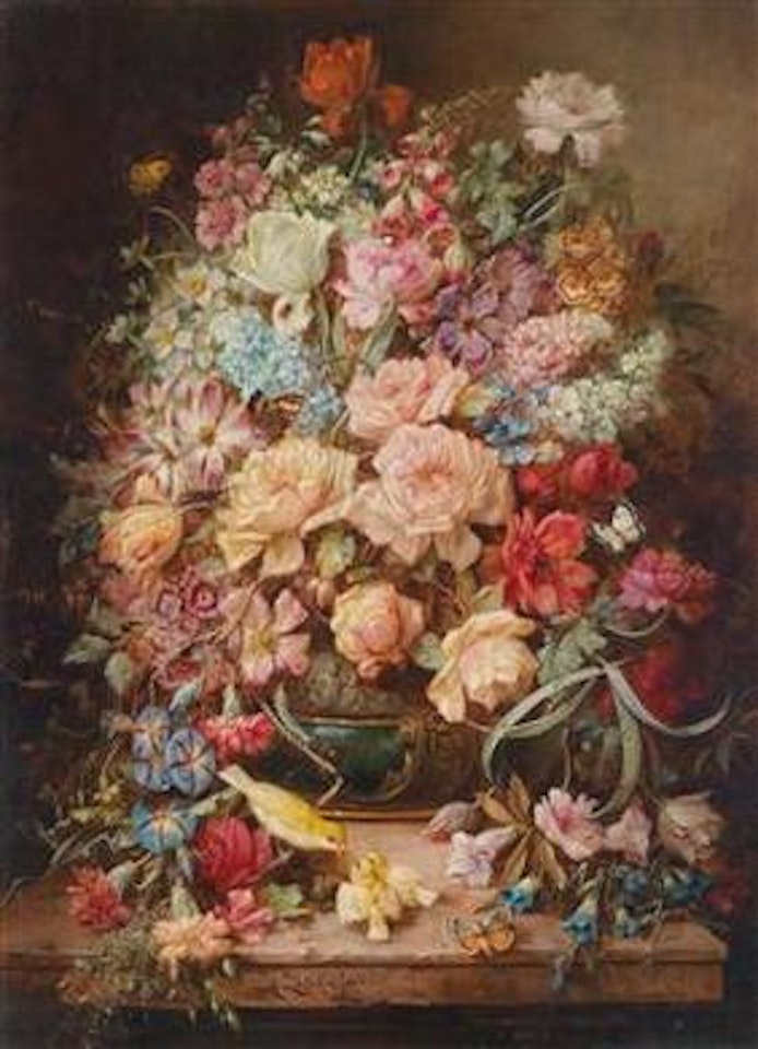 Large floral still life with butterflies, beetles and a family of birds by Hans Zatzka