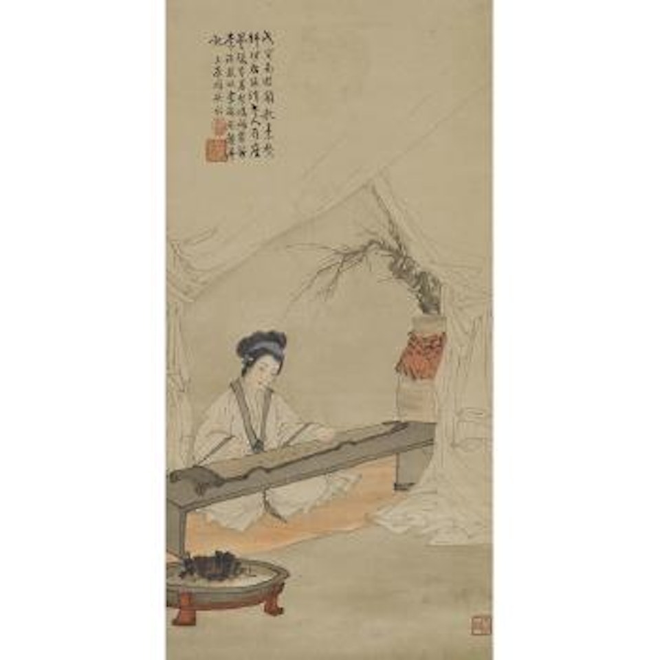 Beauty playing a qin by Deng Fen