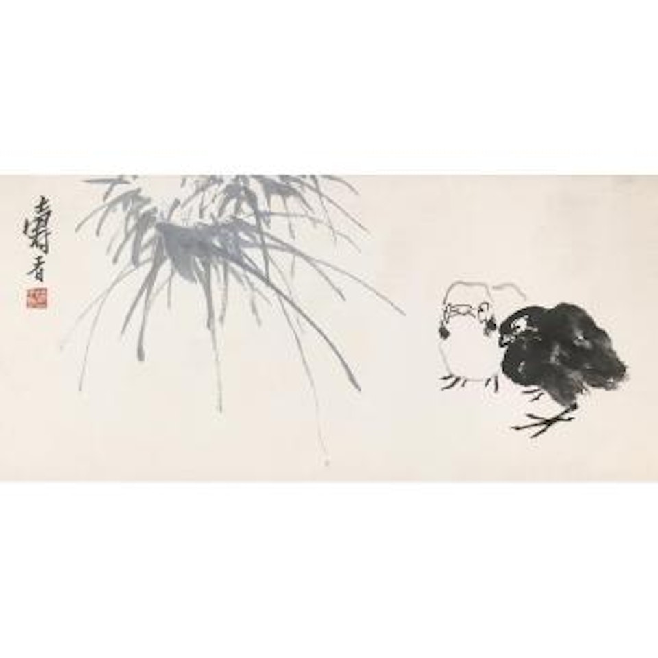 Two chicks and grasses by Pan Tianshou