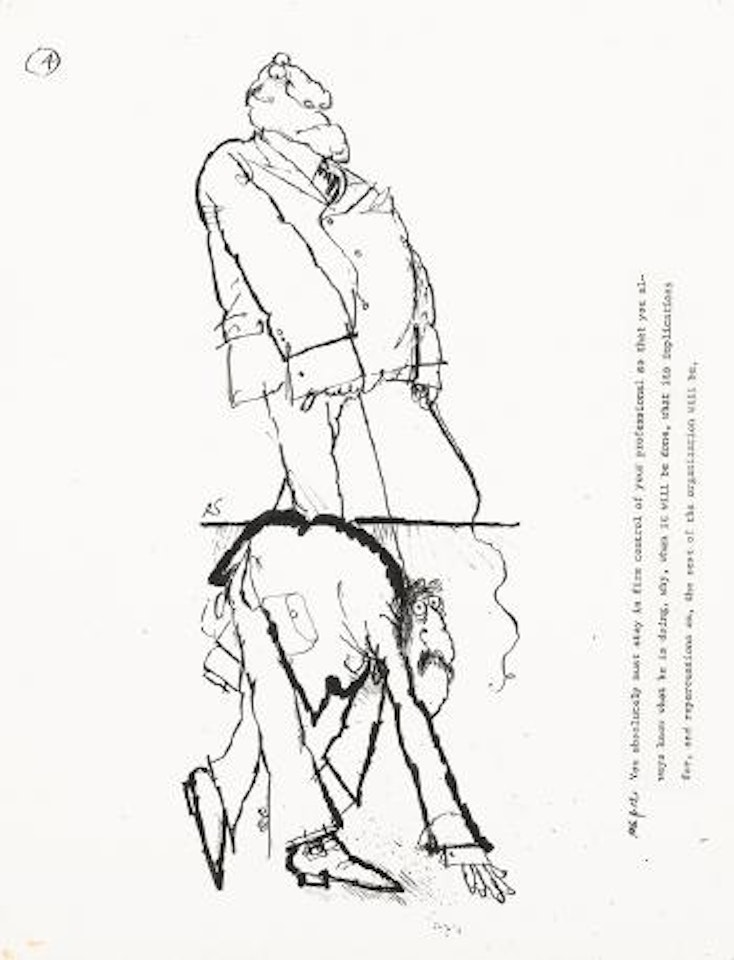 Boss with his protegé on a short leash by Ronald Searle
