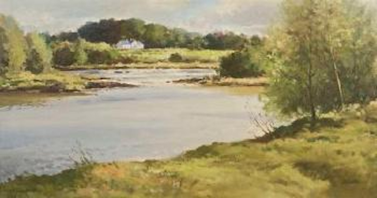 Wooded landscape with river and house by Maurice Canning Wilks
