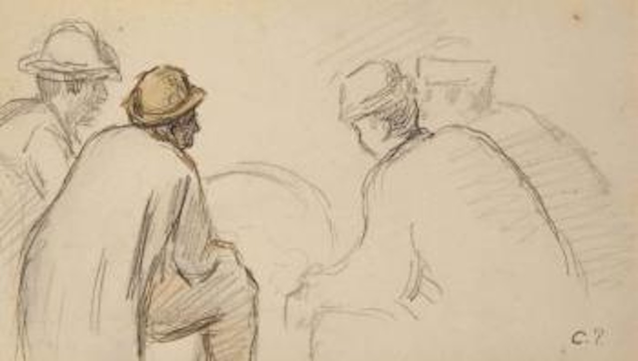 Quatre hommes conversant by Camille Pissarro