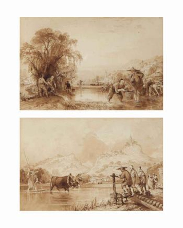 Transplanting rice; Sowing at Soo-chow-foo by Thomas Allom