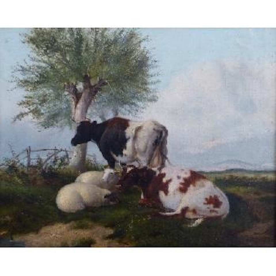 Landscape with cattle and sheep resting beneath a tree by Thomas Sidney Cooper