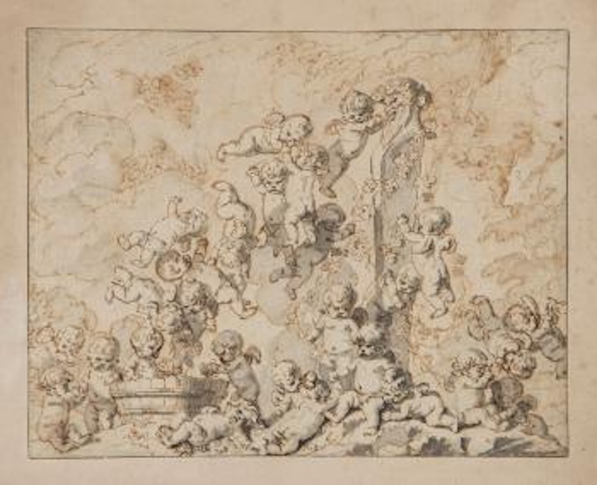 Putti playing with grapes and decorating an armless bust of Bacchus by Louis-Félix de la Rue