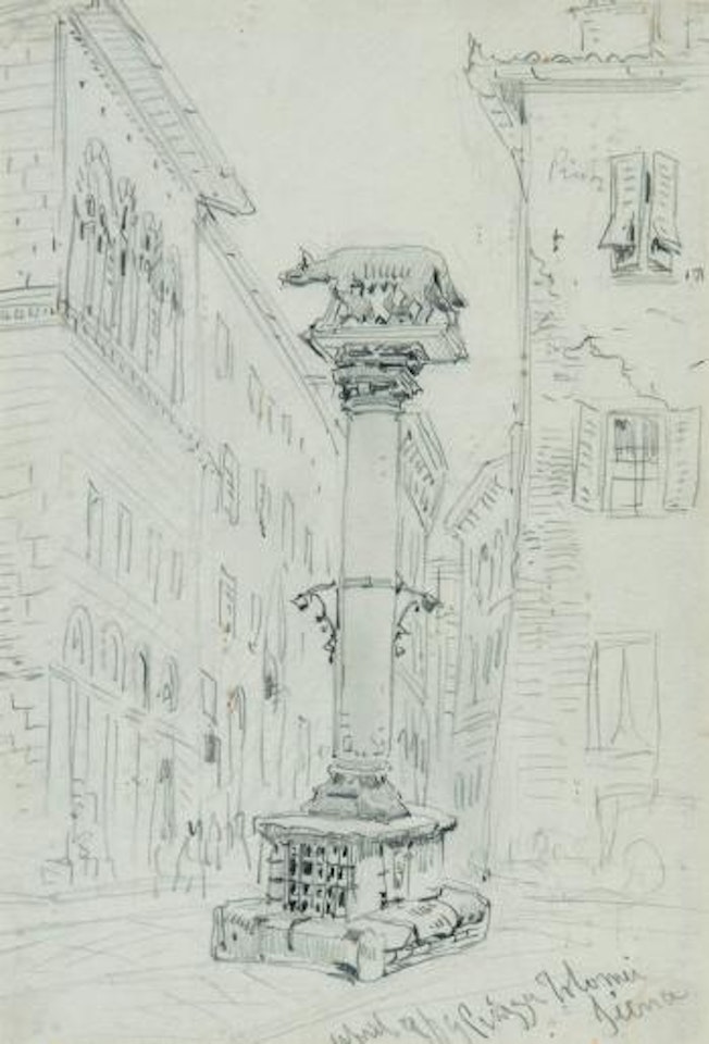 Piazza Tolomei, and the column of the Sienese she-wolf, with Romulus and Remus by William Callow