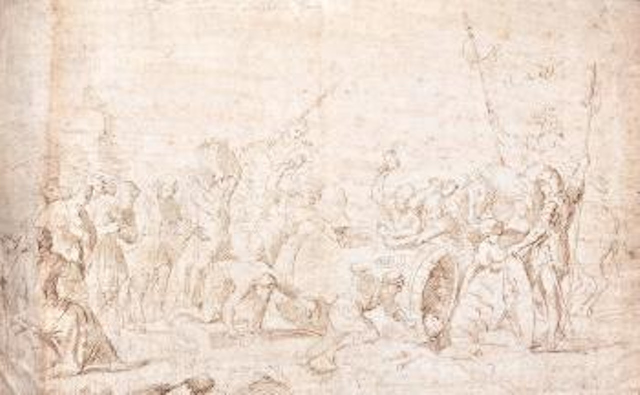 Figures opening a wooden barrel, used for torture by Salvator Rosa