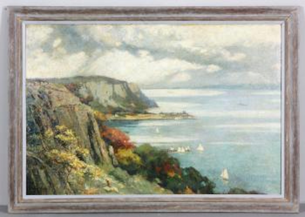 Sailing boats in a harbor by Gordon Grant