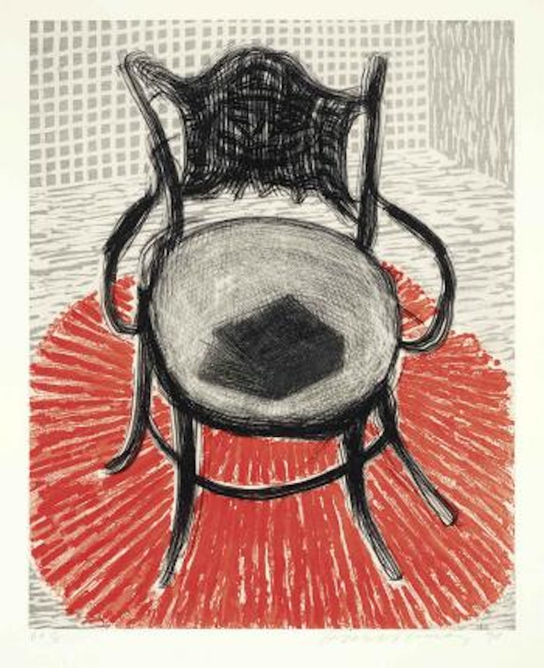 Chair with Book on Red Carpet by David Hockney
