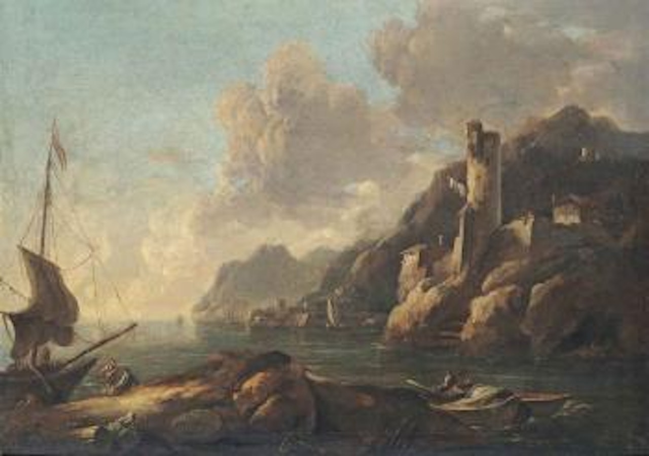 A rocky coastal landscape with a fortified tower and an anchored boat by Antonio Stom