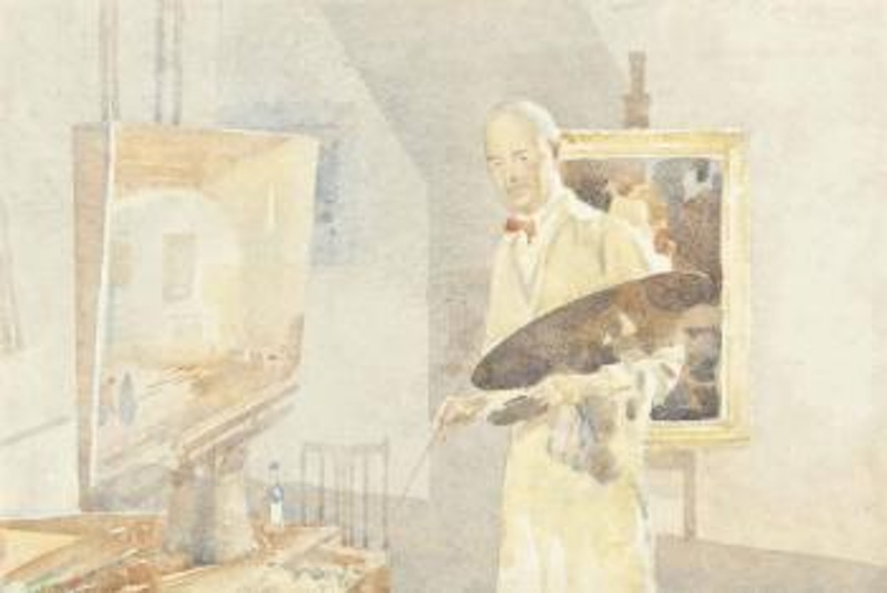 Self-portrait of the artist in his studio; Landscape by William Russell Flint