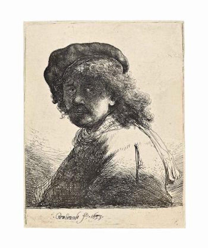 Self-Portrait in a Cap and Scarf with Face dark: Bust (Bartsch, Hollstein 17; Hind 108, New Hollstein 120) by Attributed to Rembrandt Harmensz van Rijn