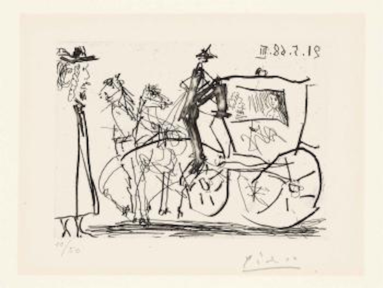 Man Viewing Couple in Horse drawn Carriage, from: Series 347 (Bloch 1583; Baer 1599) by Pablo Picasso