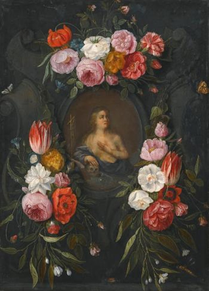Saint Mary Magdalene in a stone cartouche surrounded by a garland of Flowers by Jan Van Kessel The Elder