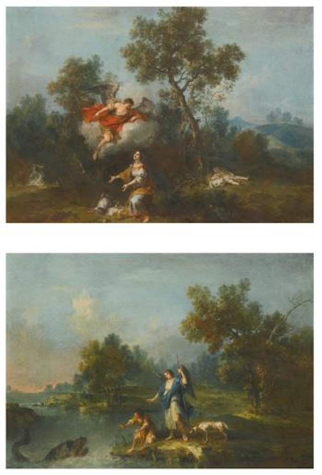 Landscape with the angel appearing to Hagar And Ishmael; Landscape with Tobias and the Angel by Francesco Zuccarelli