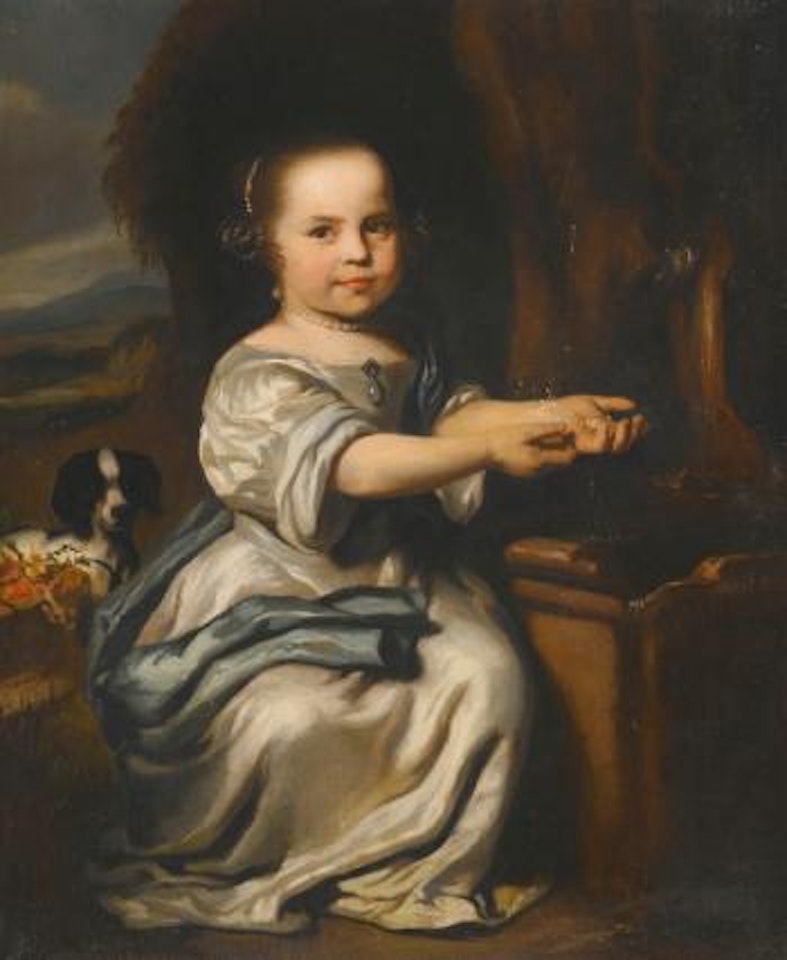 Portrait of a young girl by a fountain with her Dog, a Landscape beyond by Nicolaes Maes