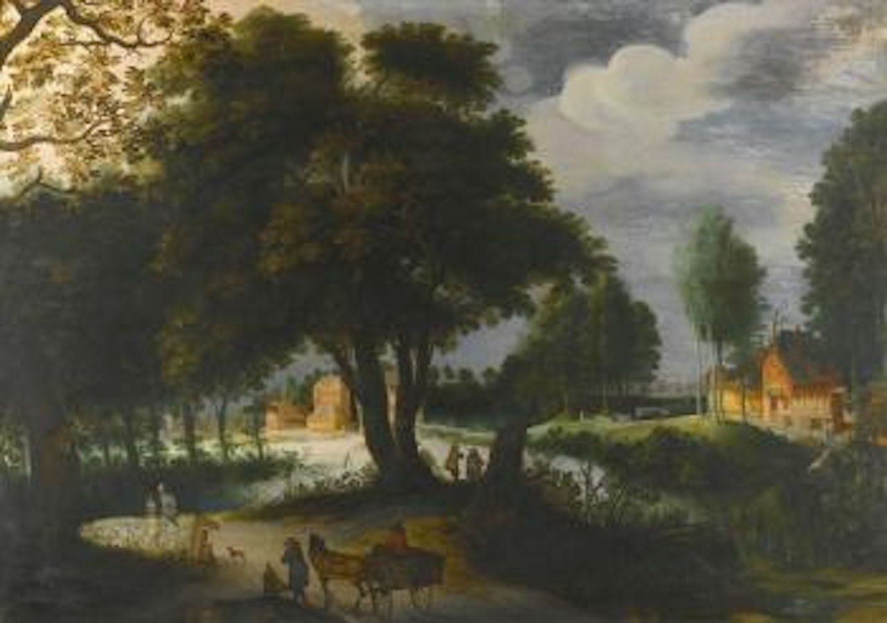 Wooded Landscape with travellers on a road, a town beyond by Adriaen van Stalbemt