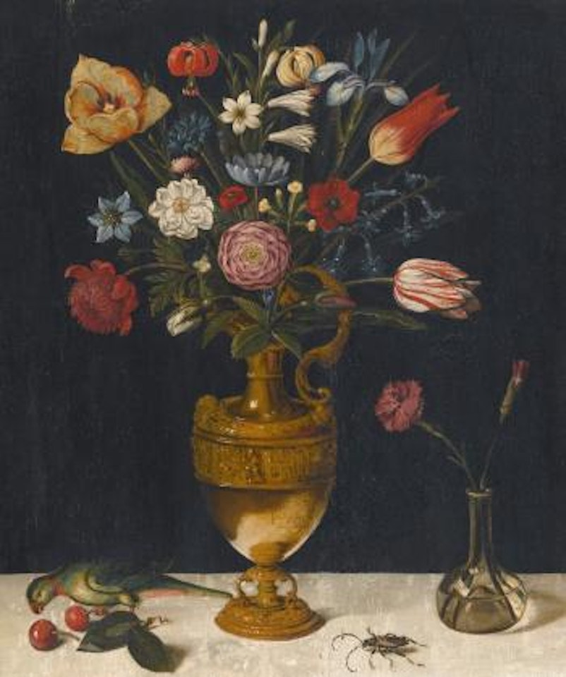 Still life with of Carnations and other Flowers in a Gilt Vase, a Parrot and a Beetle by German School