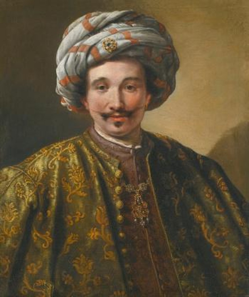 Portrait of a young Merchant, half length, wearing exquisite oriental Dress and Jewellery by English School
