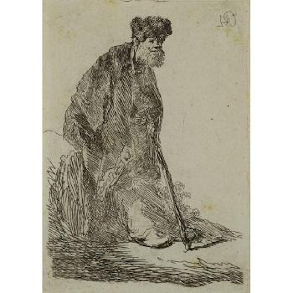 Man in a Coat and Fur Cap leaning against a Bank (B., Holl. 151; H. 14) by Attributed to Rembrandt Harmensz van Rijn