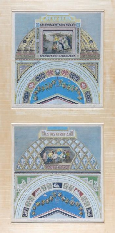 Pharoh's daughter retrieving the infant Moses from the Nile river; Jesus at the last supper by Giovanni Ottaviani