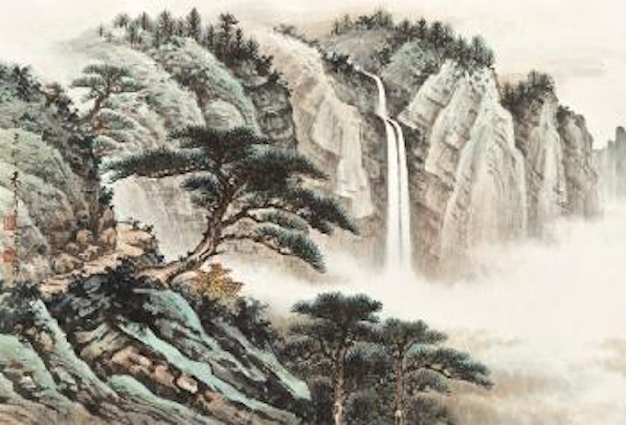 Waterfall and Pines in Mountains by Huang Junbi