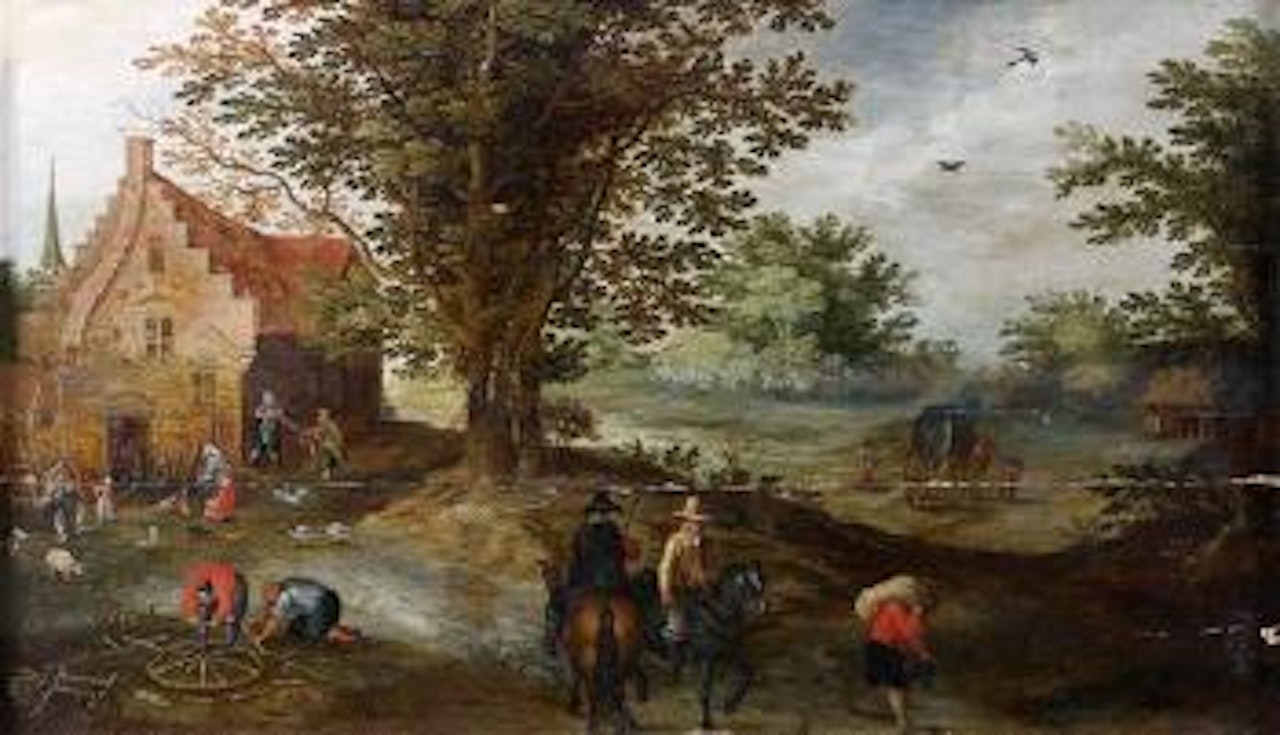 La réparation de la carriole dans un paysage animé de personnages by Frederick van Valkenborch