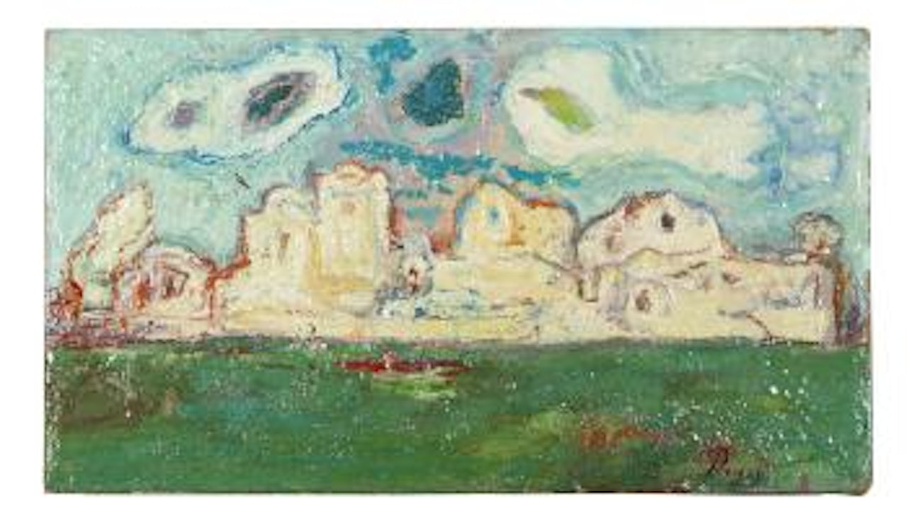 Modernist cityscape before a lake by Jean Pougny