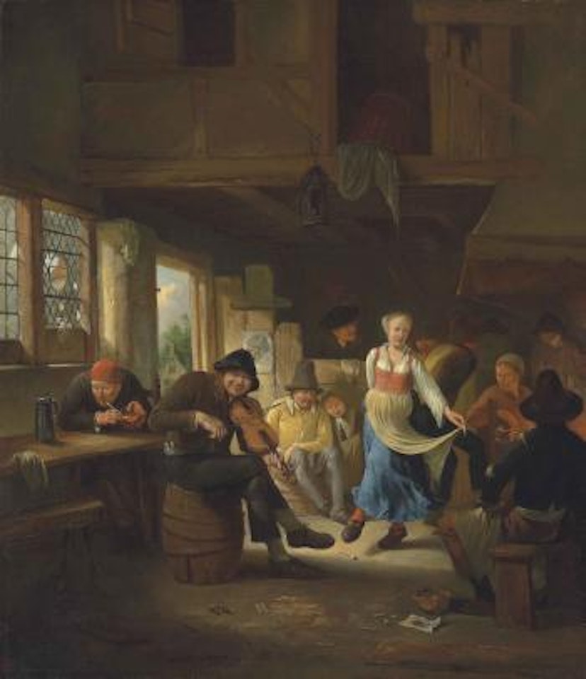 A tavern interior with a woman dancing, musicians and other figures merrymaking by Egbert van Heemskerk III
