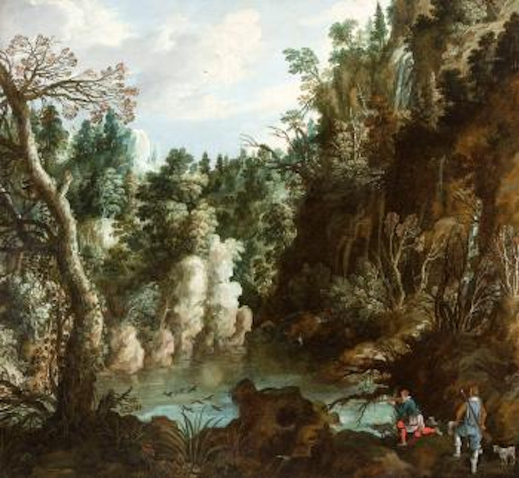 Bebost rotslandschap met watervallen en eendenjacht by Paul Bril