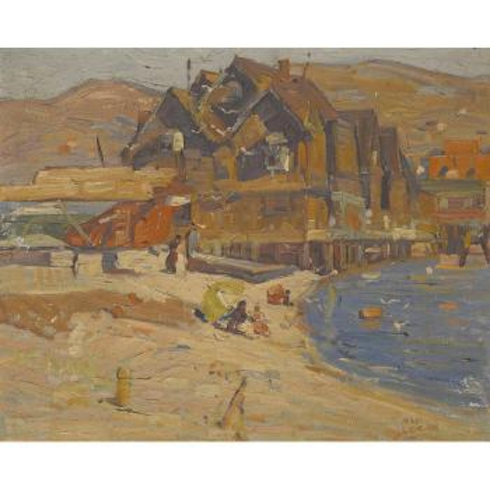Figures on the sand under beach umbrellas with shore buildings beyond by Maurice Logan