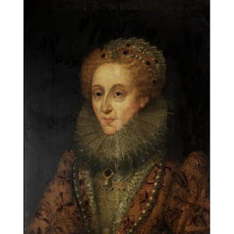 Portrait of Queen Elizabeth I, bust-length in a fur-trimmed robe and a pearl headdress by English School