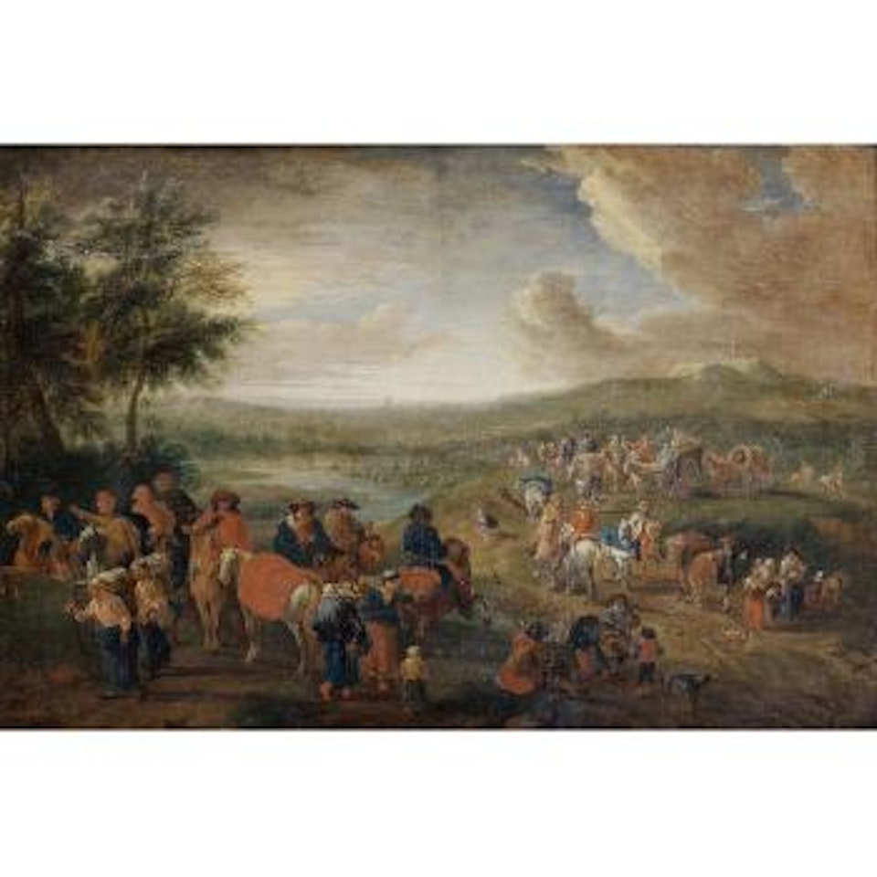 Travellers on a country path, before a river landscape by Pieter Bout