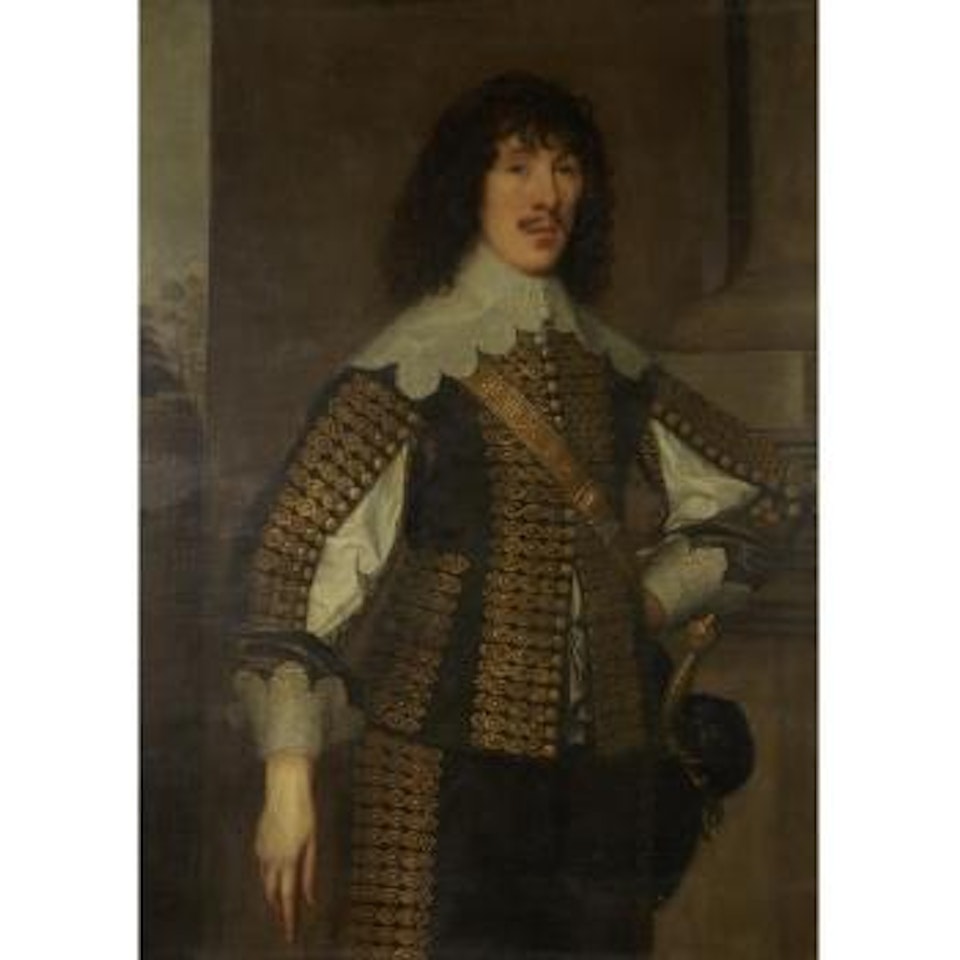 Portrait of a gentleman, three-quarter-length, in a gold brocade coat and white lawn collar by Anthony van Dyck