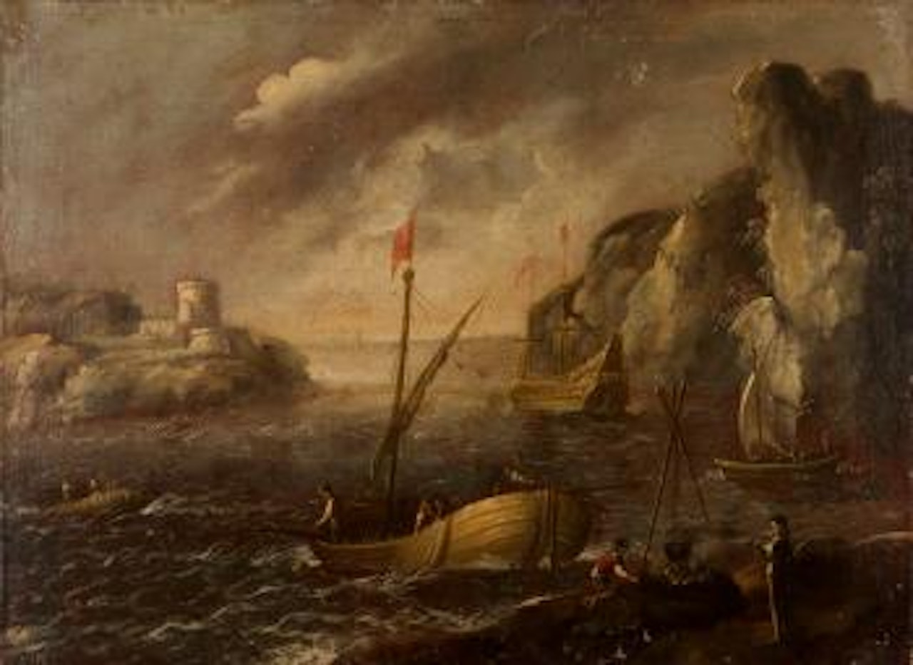 Marinhas com galeaças venezianas hasteando bandeiras da Ordem de Malta by Italian School