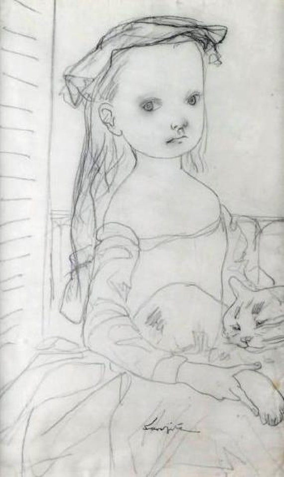 Jeune fille et son chat devant la fenêtre by Leonard Tsuguharu Foujita