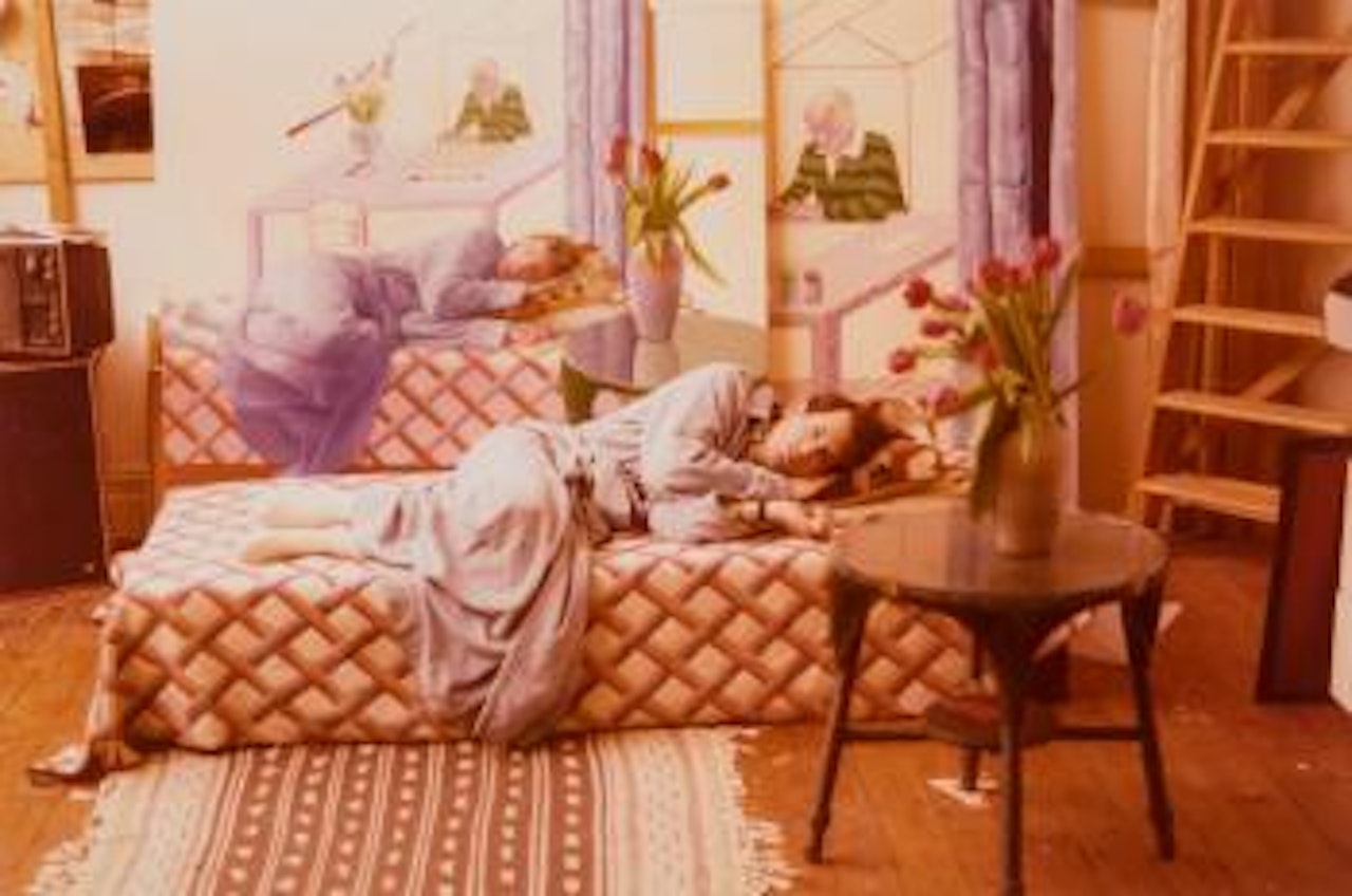 Model with unfinished self-portrait by David Hockney