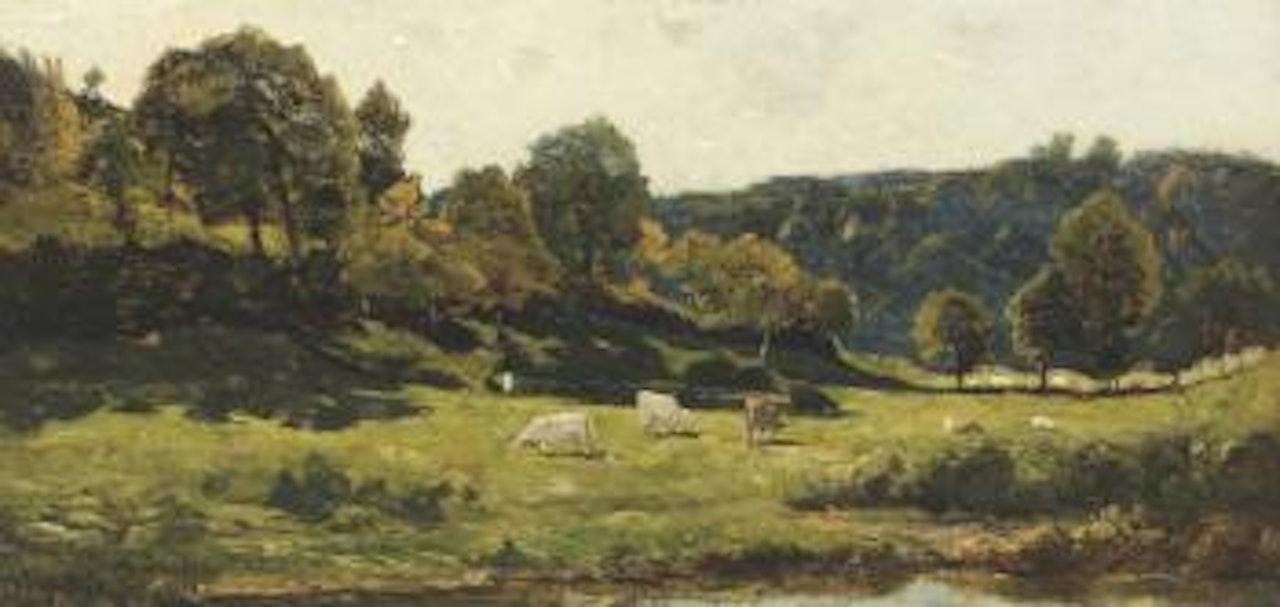 Cattle grazing by a river by Henri Harpignies