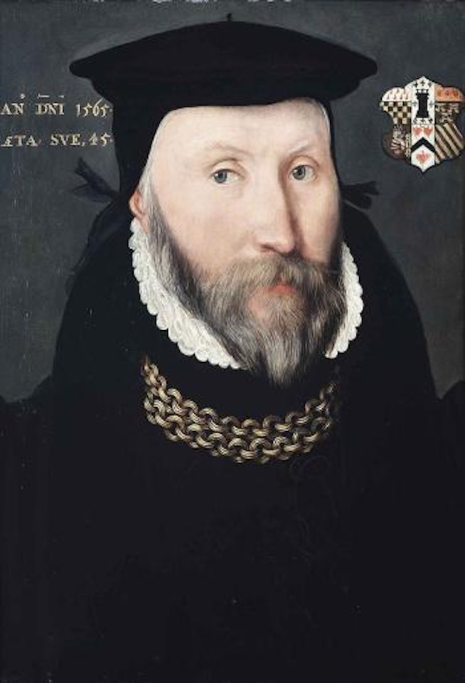 Portrait of a gentleman traditionally identified as Sir Thomas Coleshill (d.1595), bust-length, in a black coat and hat, with a gold chain and white ruff, with a coat-of-arms by English School