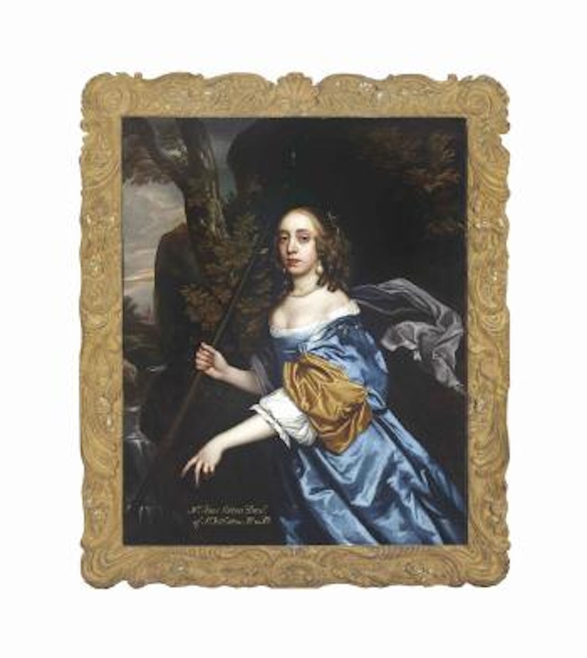 Portrait of a lady, traditionally identified as Jane Cotton (1648-1707), as a shepherdess, three-quarter-length, in a blue dress with pearl earrings and necklace, a staff in her right hand, in a landscape by Sir Peter Lely