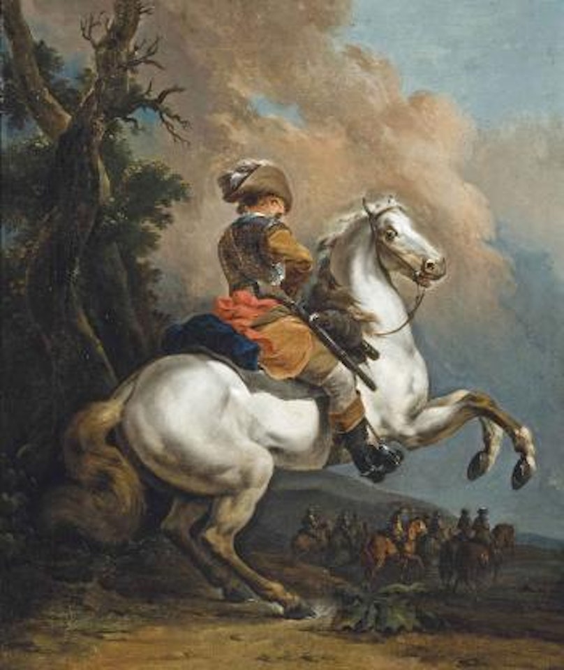 A soldier in armour, on a rearing horse in a landscape, a skirmish beyond by Francesco Giuseppe Casanova