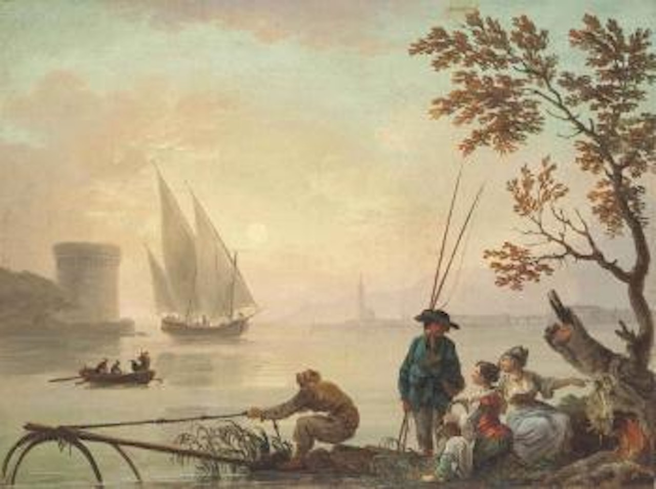 A Mediterranean coastal landscape at sunset, with fishermen and women conversing in the foreground by Charles François Grenier de Lacroix de Marseille