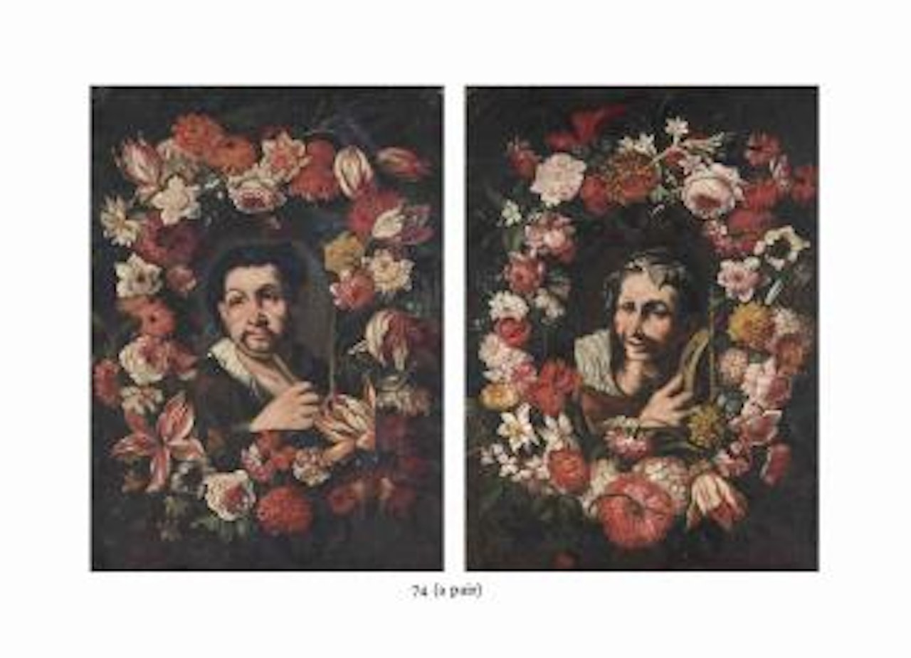 A man holding a flute surrounded by a garland of flowers; and A woman holding a tambourine surrounded by a garland of flowers by Neapolitan School