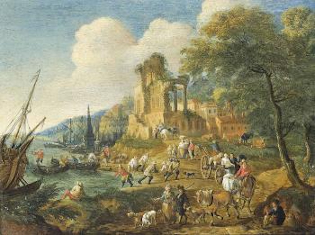 Fishermen landing their catch, with travellers on a track, beside classical ruins, a city beyond by Pieter Bout