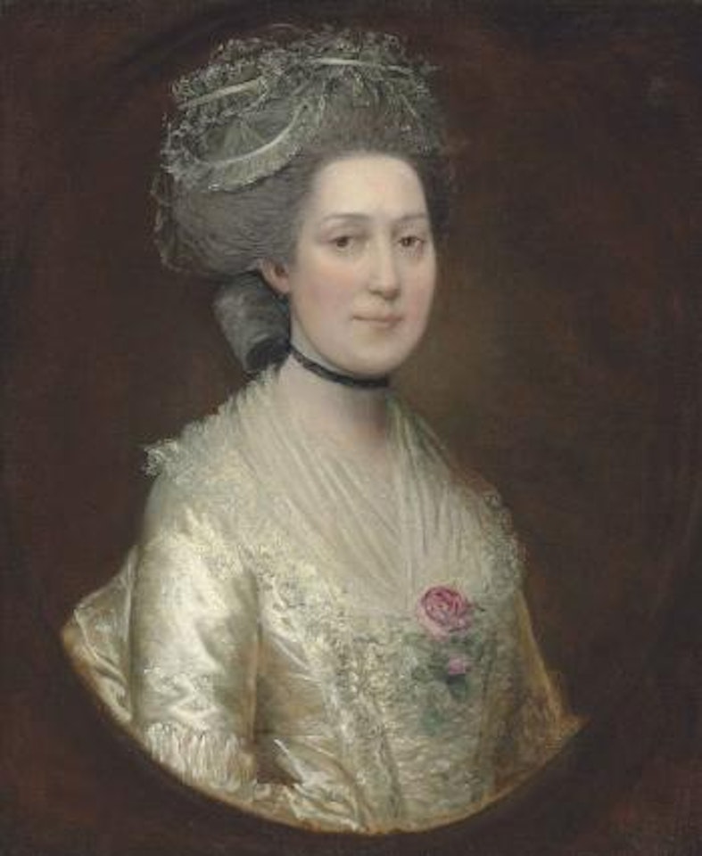Portrait of Sarah Langston, bust-length, in a white silk dress with a rose on her chest by Thomas Gainsborough