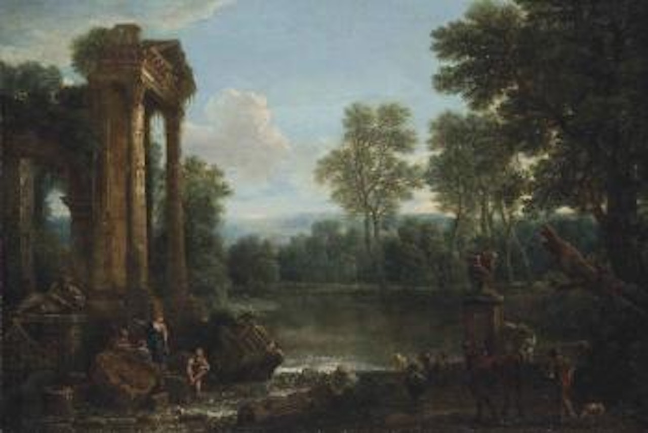 A wooded landscape with figures resting by classical ruins and a drover with his cattle by a stream by John Wootton