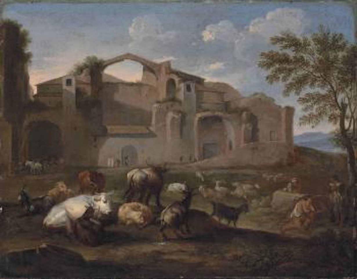 The Baths of Diocletian, Rome, with drovers and their cattle in the foreground by Pieter van Bloemen