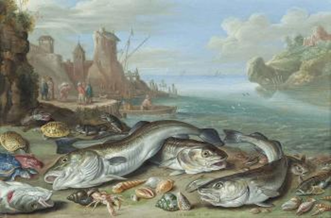 A harbour scene, with fish, crustaceans, shells, otters, tortoises and turtles on a beach, fishermen beyond by Jan Van Kessel The Elder