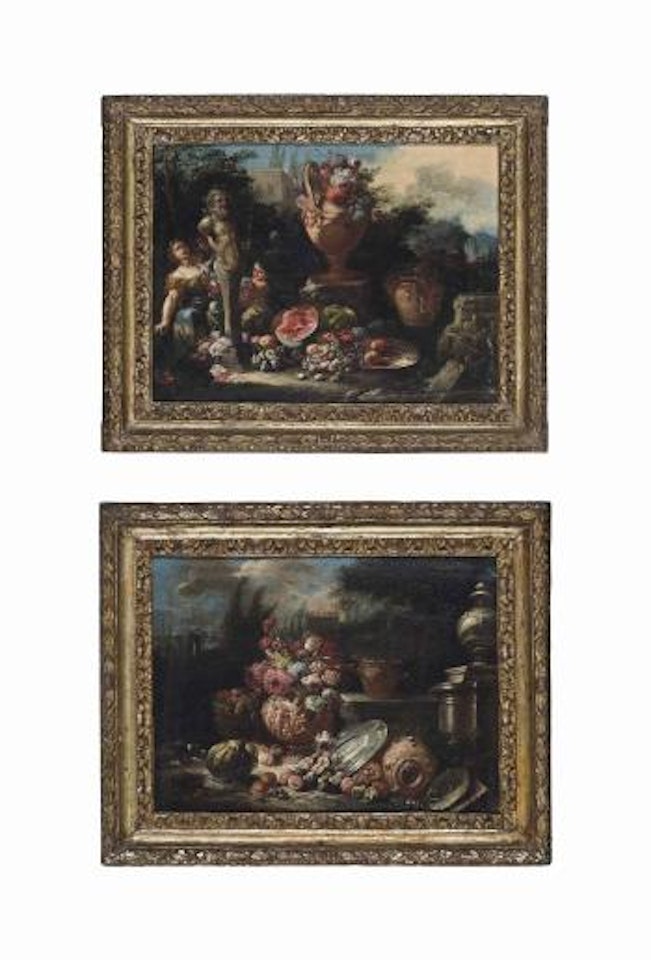 A classical Italianate landscape with watermelons, figs, grapes and flowers on an urn, with a woman and child decorating a statue; and A classical Italianate landscape with flowers in a sculpted urn, with a gourd, figs and apples by Gasparo Lopez