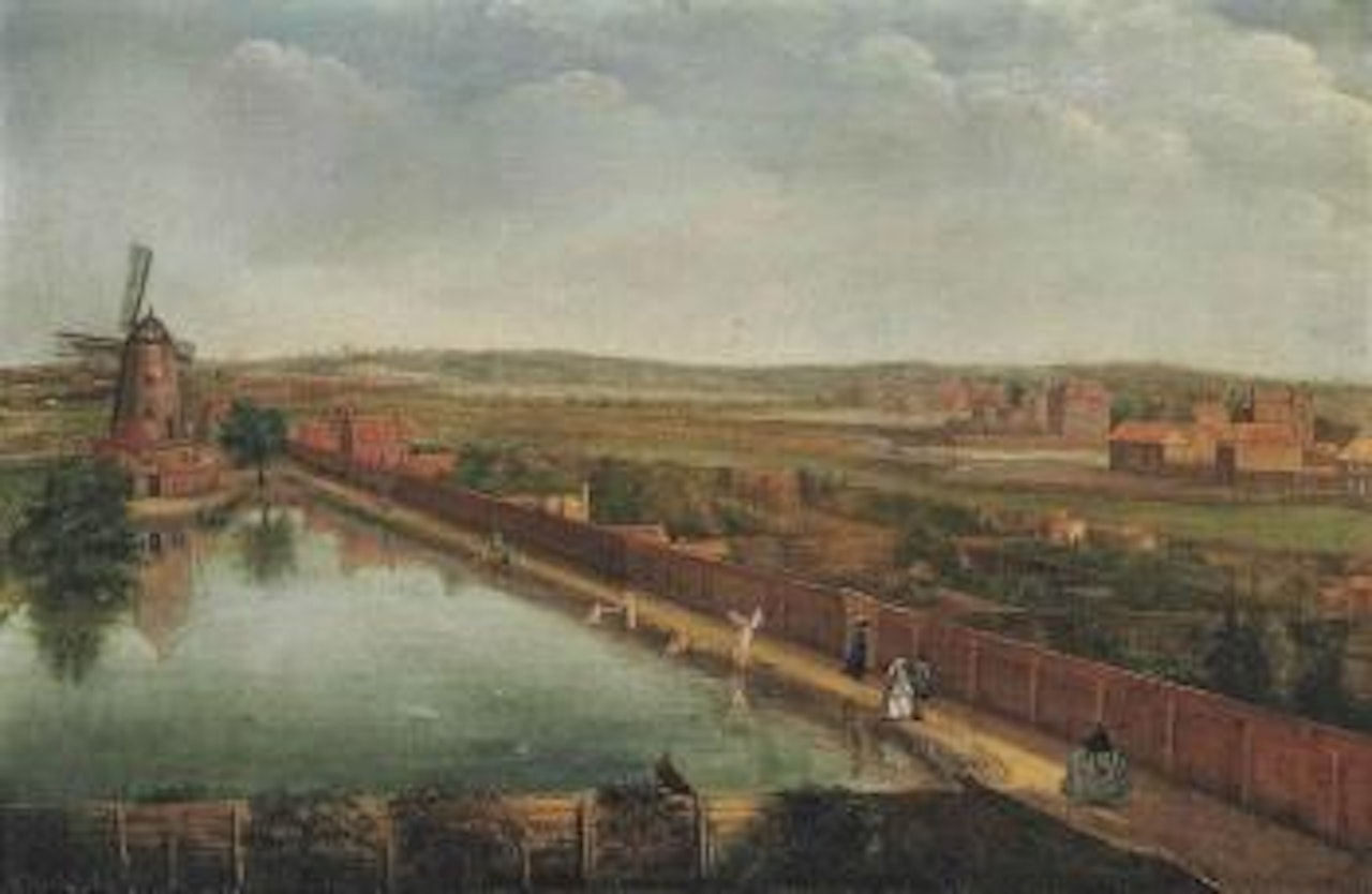 The Peerless Pool, Clerkenwell, London, with bathers and elegantly dressed figures, a tower windmill and an extensive landscape beyond by English School